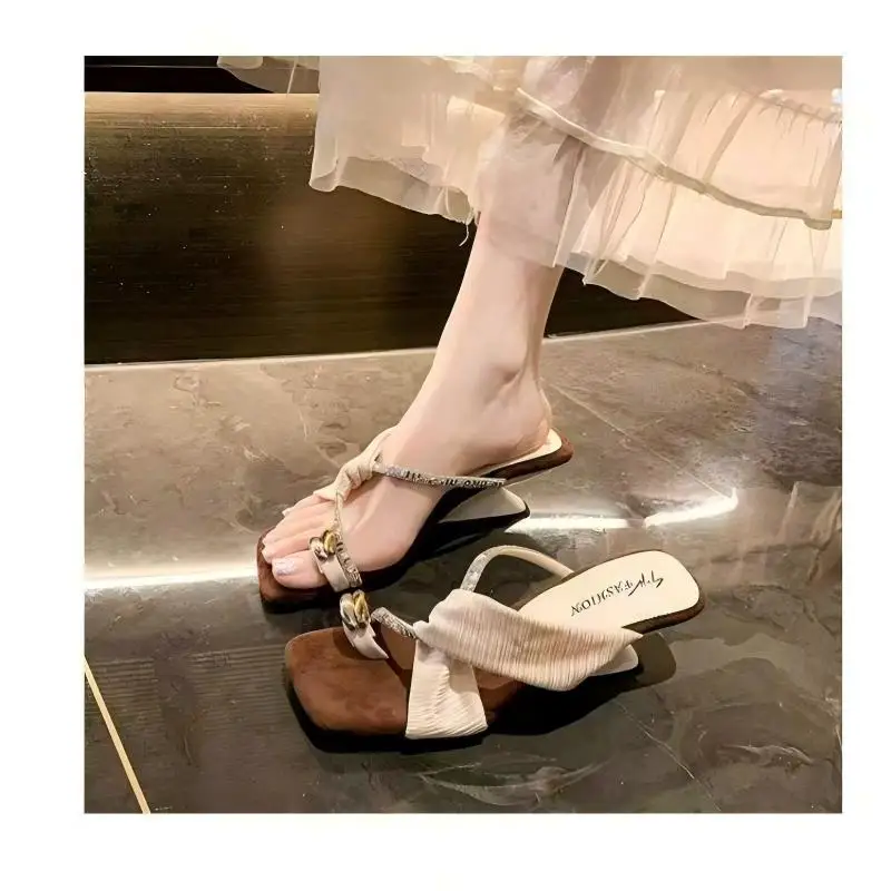 Luxury Rhinestone Square Toe Sandals Toe Loop Women Elegant Pleated Slides Metal Decor Beach Wedding Party Dress Mules Shoes