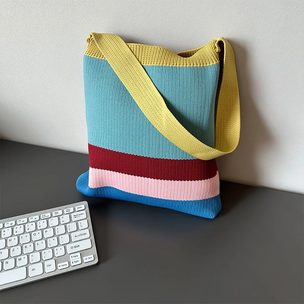 New Rainbow-Colored Knit Bag Korean-Style Simple and Versatile Striped Handbag Shoulder Tote Bag Large Capacity Women's Bag
