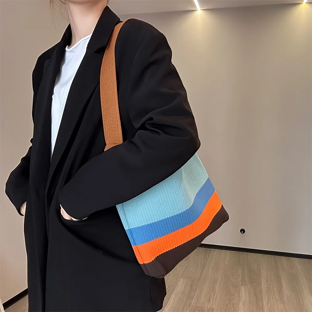 New Rainbow-Colored Knit Bag Korean-Style Simple and Versatile Striped Handbag Shoulder Tote Bag Large Capacity Women's Bag