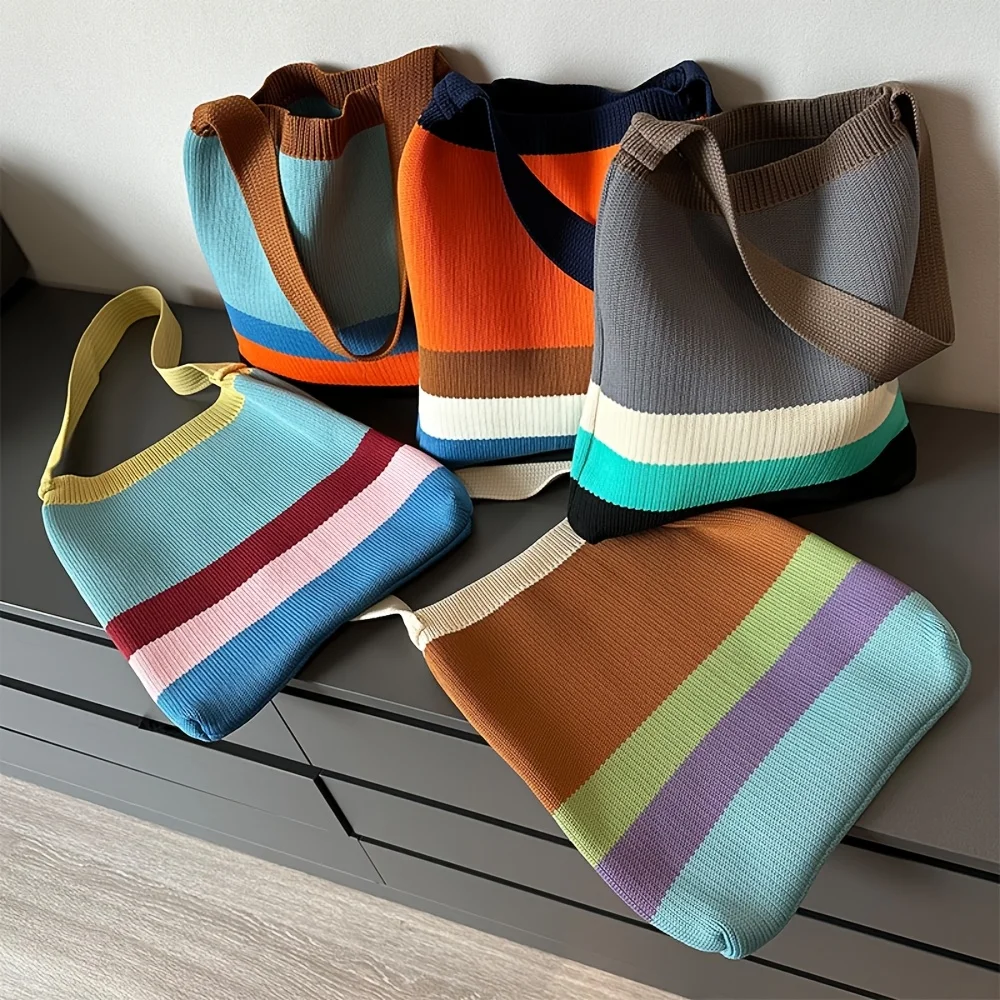 New Rainbow-Colored Knit Bag Korean-Style Simple and Versatile Striped Handbag Shoulder Tote Bag Large Capacity Women's Bag