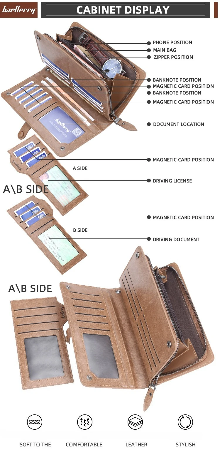 Baellerry Retro Men's Long Wallet Multifunctional Card Holder Mobile Phone Bag High Quality Card Storage Organizer