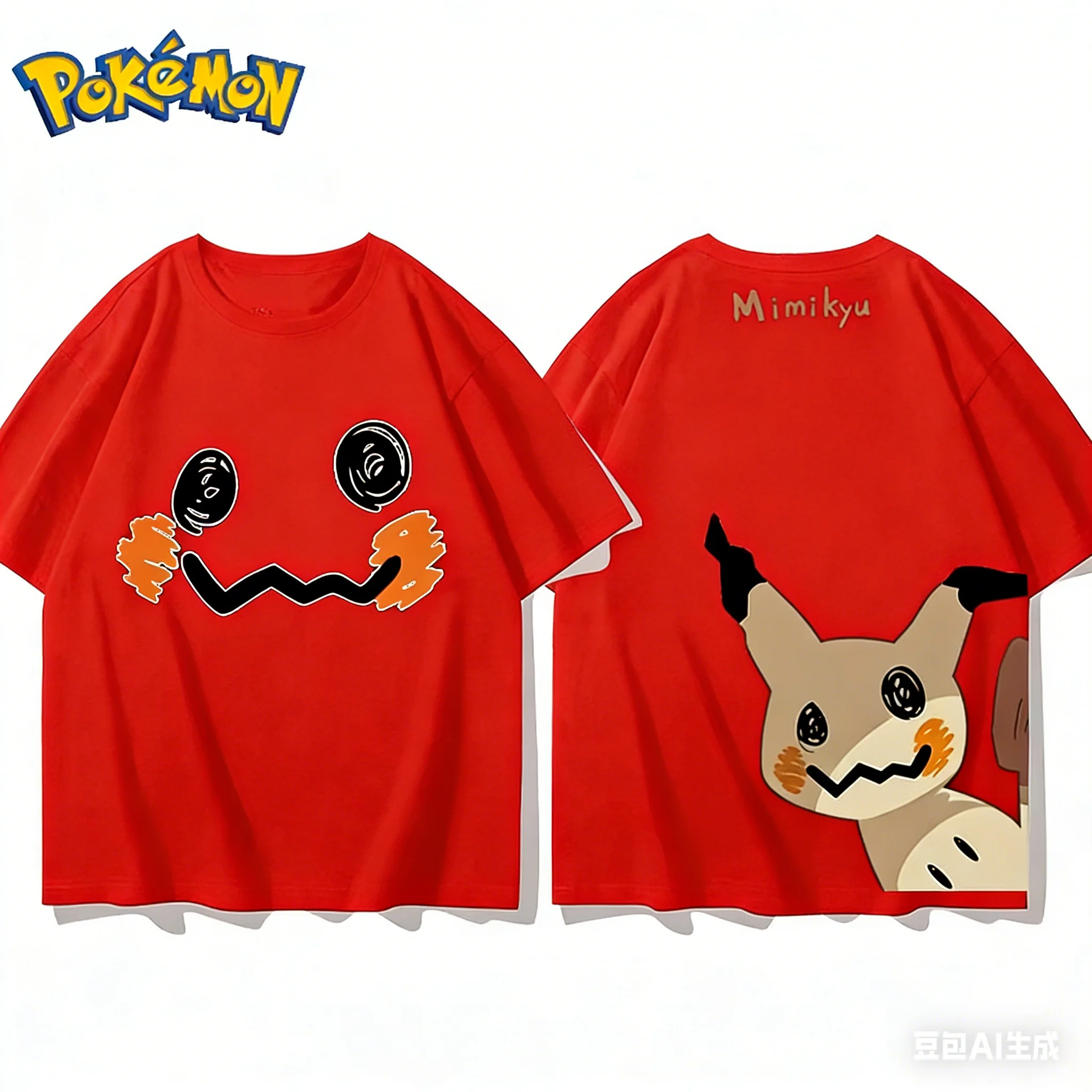 Bandai Pokémon Mimikyu Front and Rear Printed T-shirt Men's/Women's Summer New Harajuku Loose Casual Versatile Short-sleeved Top