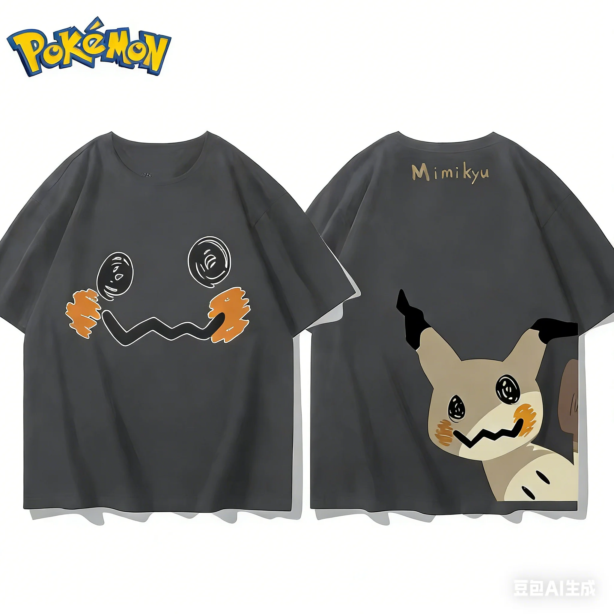 Bandai Pokémon Mimikyu Front and Rear Printed T-shirt Men's/Women's Summer New Harajuku Loose Casual Versatile Short-sleeved Top