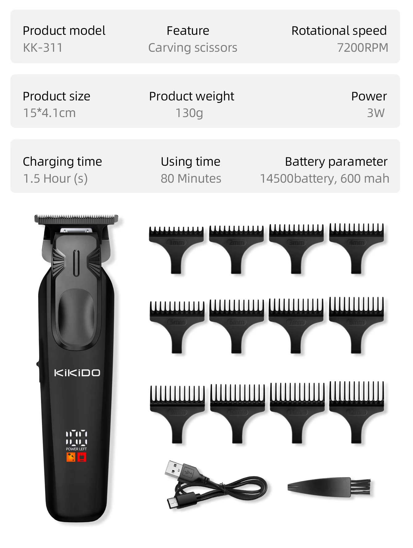 KiKiDo Electric Hair Clipper Cordless USB Rechargeable with 12 Guide Combs LCD Power Display Beard Trimmer Grooming Set