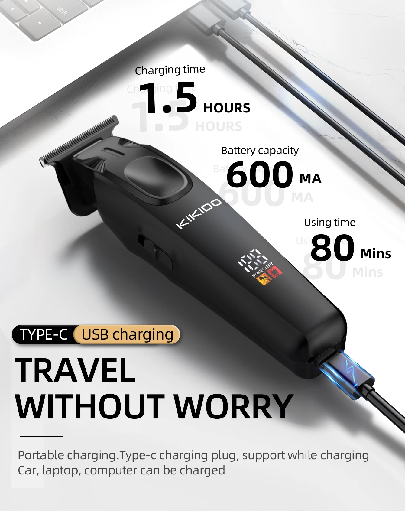 KiKiDo Electric Hair Clipper Cordless USB Rechargeable with 12 Guide Combs LCD Power Display Beard Trimmer Grooming Set