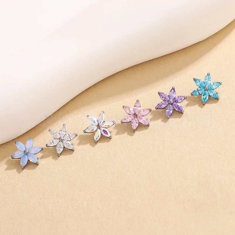 F136 Titanium Six-Petaled Flower Lip Piercing 16G Zirconia Labret Tragus Helix Cartilage Nose Jewelry Earrings