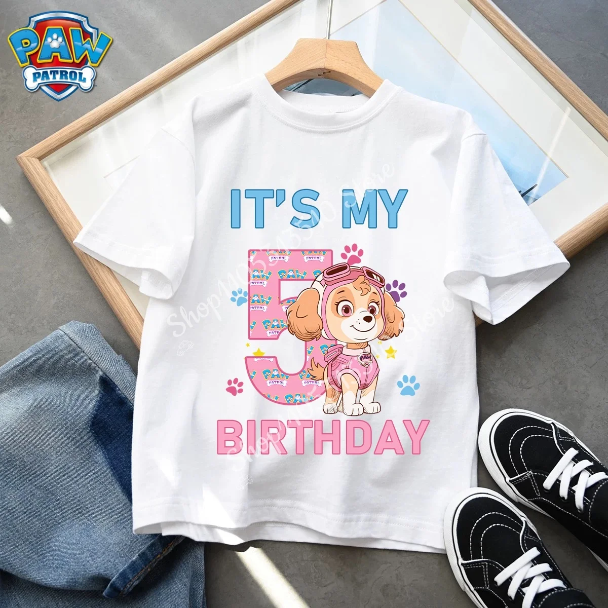 Paw Patrol Kids Clothes Cartoon Anime Skye Clothing Crew Neck Girls Baby Skin-friendly Breathable White T-Shirt Birthday Gift
