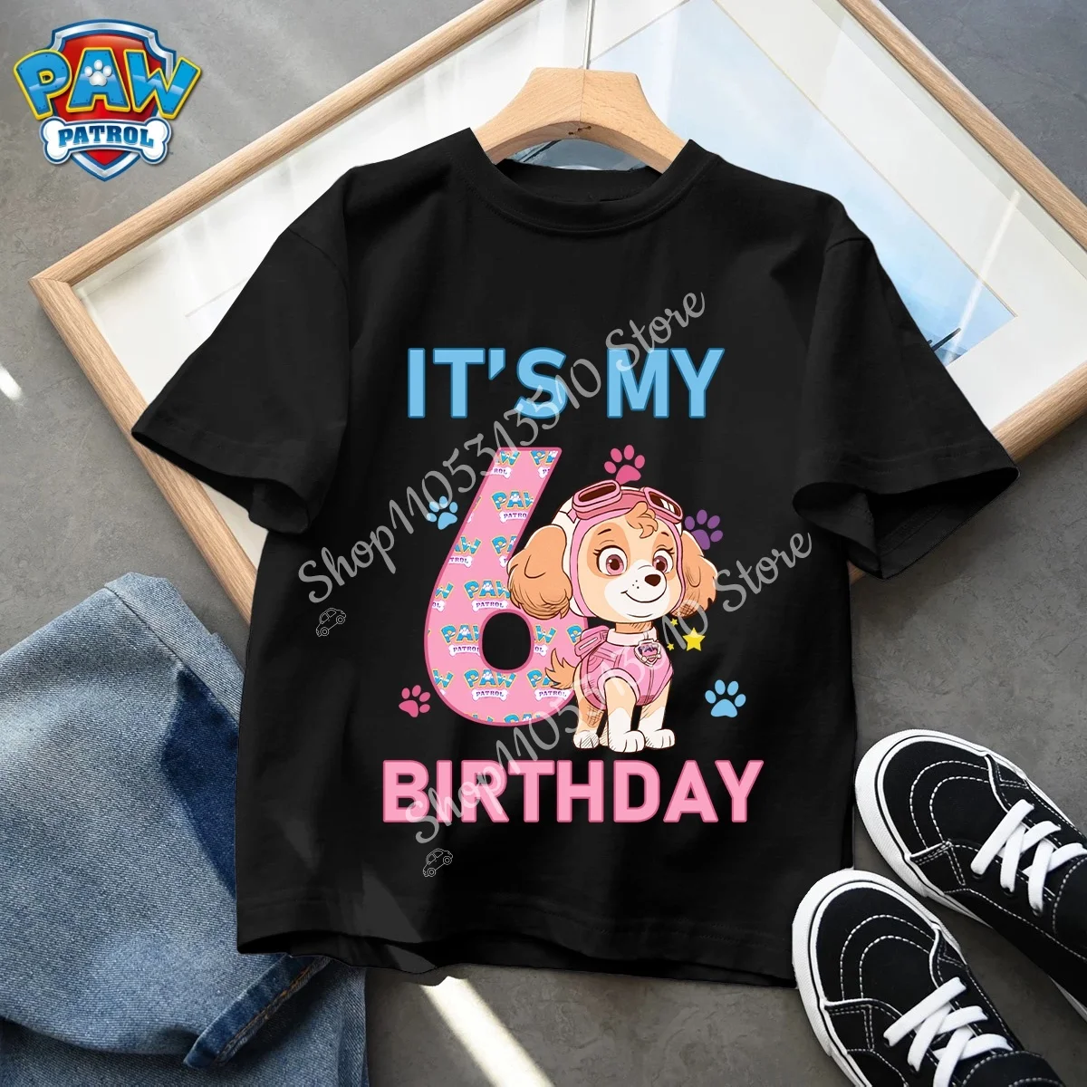 Paw Patrol Kids Clothes Cartoon Anime Skye Clothing Crew Neck Girls Baby Skin-friendly Breathable White T-Shirt Birthday Gift