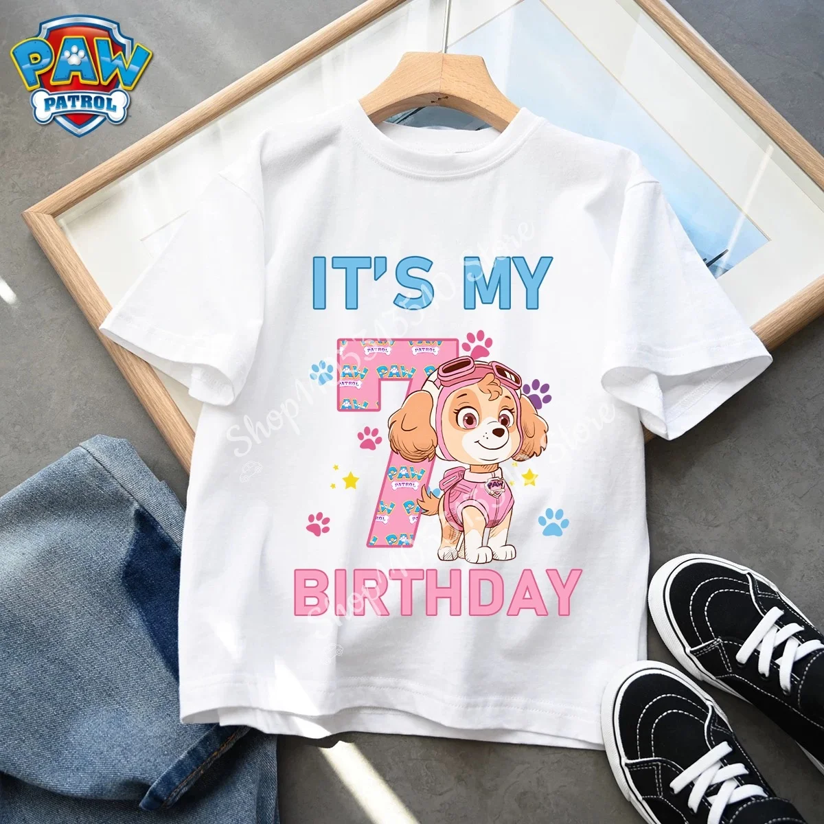Paw Patrol Kids Clothes Cartoon Anime Skye Clothing Crew Neck Girls Baby Skin-friendly Breathable White T-Shirt Birthday Gift