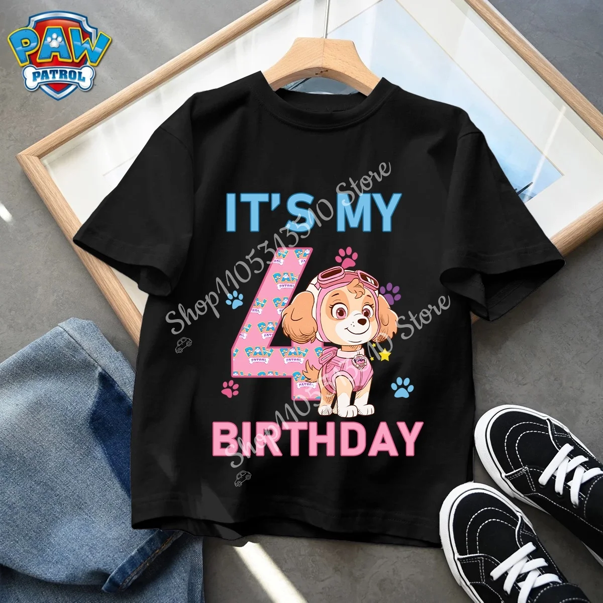 Paw Patrol Kids Clothes Cartoon Anime Skye Clothing Crew Neck Girls Baby Skin-friendly Breathable White T-Shirt Birthday Gift