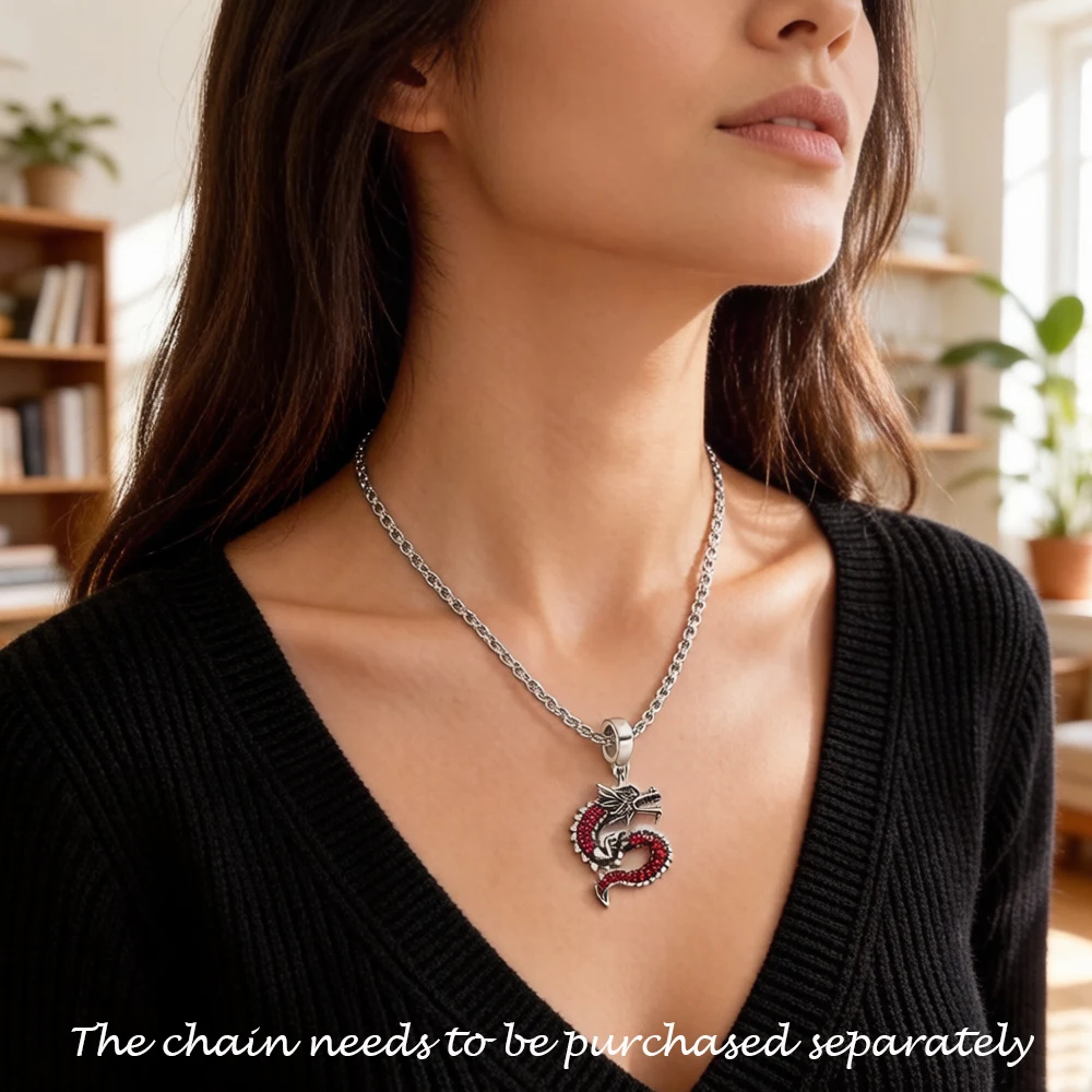 Rose Red Stone Dragon Charms Pendant European Lucky Jewelry For Ladies & Men New Pure 925 Sterling Silver Vitnage Gift