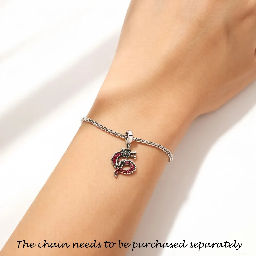 Rose Red Stone Dragon Charms Pendant European Lucky Jewelry For Ladies & Men New Pure 925 Sterling Silver Vitnage Gift