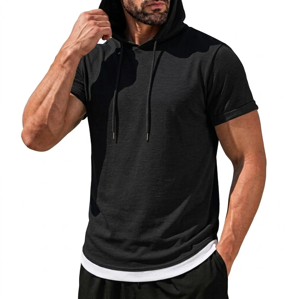 Mens New Summer Short Sleeve Hooded Tees Casual Lightweight Breathable Tops Korean Streetwear for Gym and Daily Wear Top