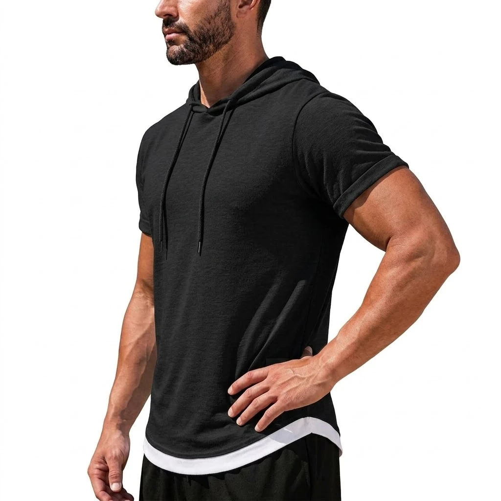 Mens New Summer Short Sleeve Hooded Tees Casual Lightweight Breathable Tops Korean Streetwear for Gym and Daily Wear Top