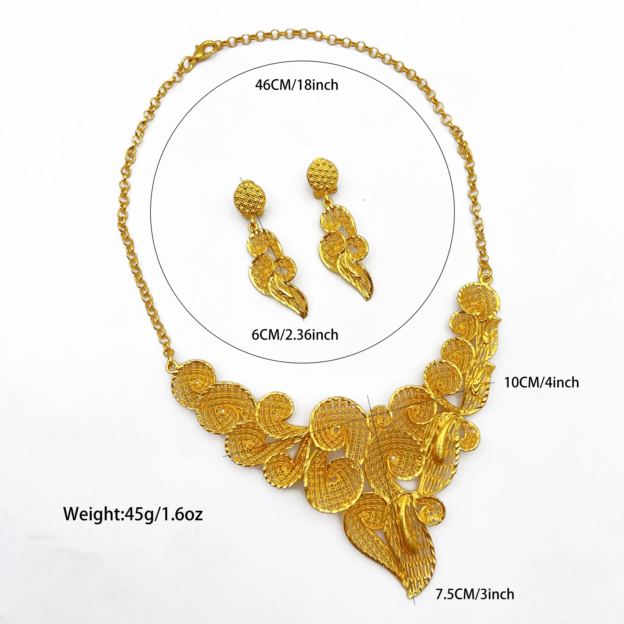 Indian 24K Gold Plated Big Floral Necklace Earrings Jewelry Set For Women African Dubai Bridal Wedding Party Gift Jewellery