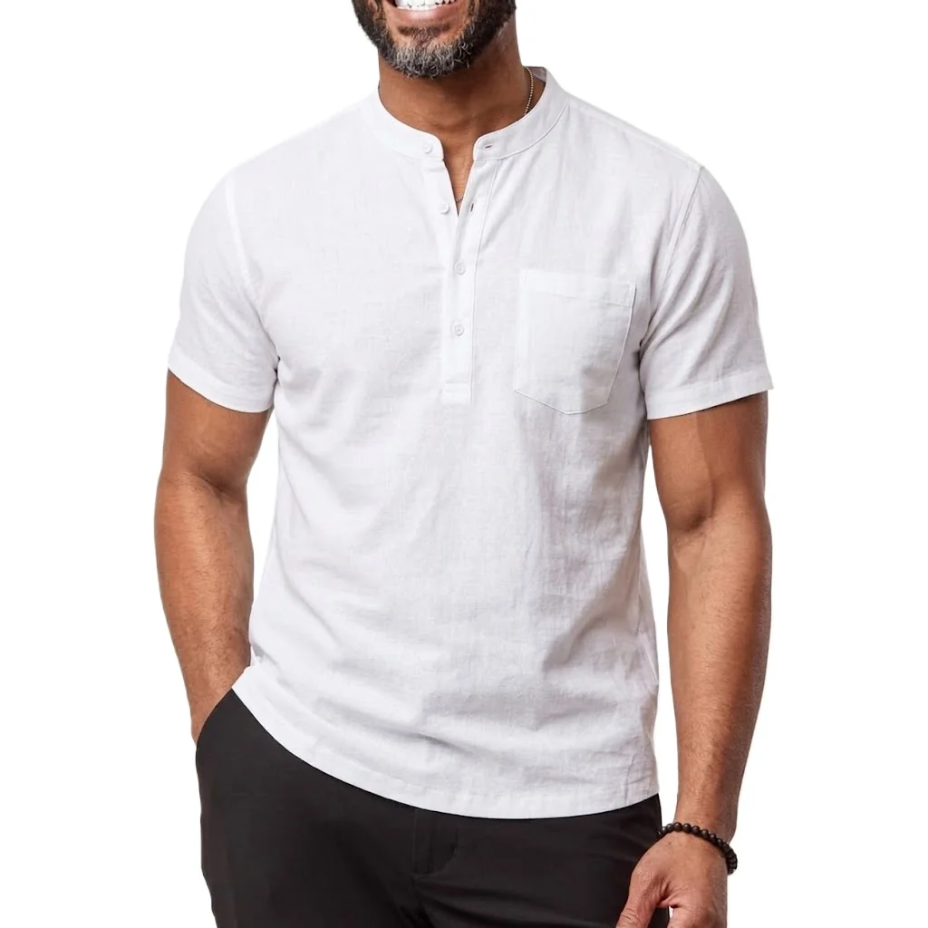 New Short Sleeve Shirt Man Solid Color T-shirts Linen Cotton Summer Shirts Breathable Loose Hawaiian Shirt Pocket Vintage Tee