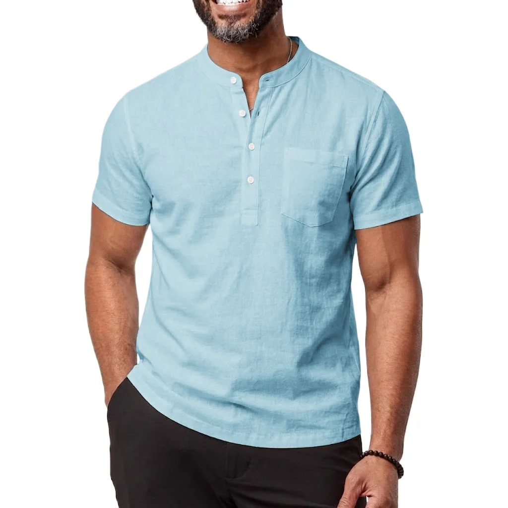 New Short Sleeve Shirt Man Solid Color T-shirts Linen Cotton Summer Shirts Breathable Loose Hawaiian Shirt Pocket Vintage Tee
