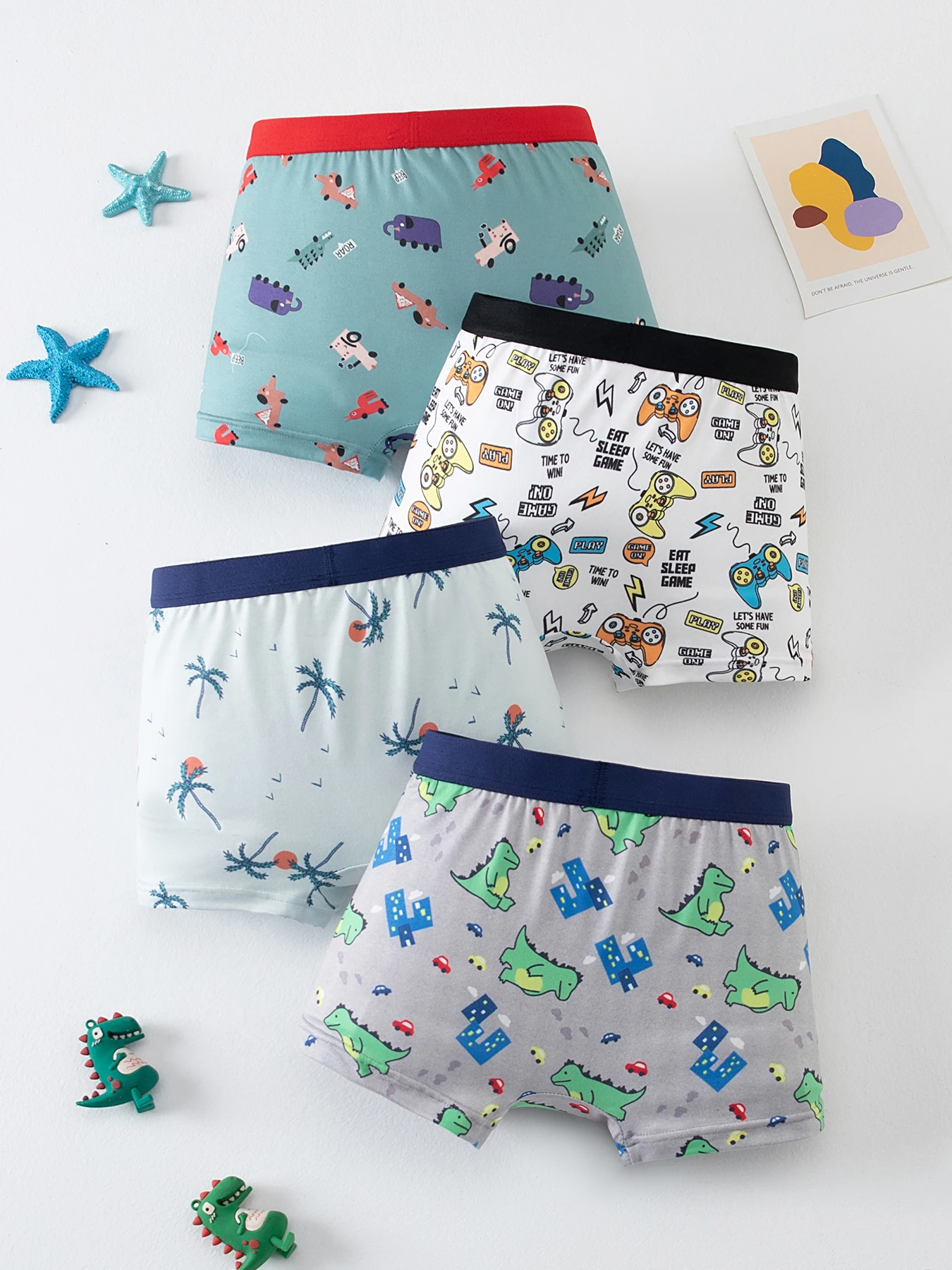 4 Pieces of Cute Cartoon Elastic Waisted Underwear for Boys in All Seasons, Comfortable Boxer Shorts, Multi-Color Home Shorts