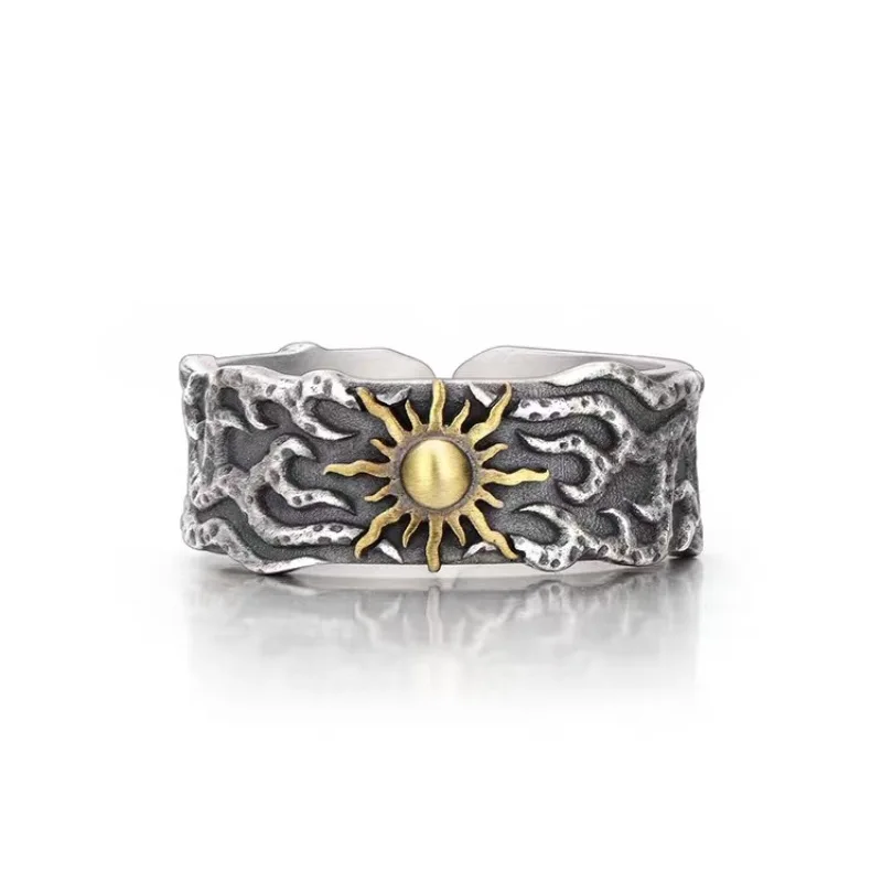 Buyee 925 Sterling Silver Male Ring Finger Elegant Golden Sun Open Ring for Man Fashion Unique Fine Jewelry Circle