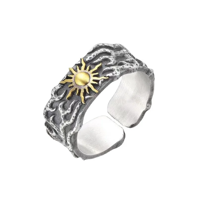 Buyee 925 Sterling Silver Male Ring Finger Elegant Golden Sun Open Ring for Man Fashion Unique Fine Jewelry Circle