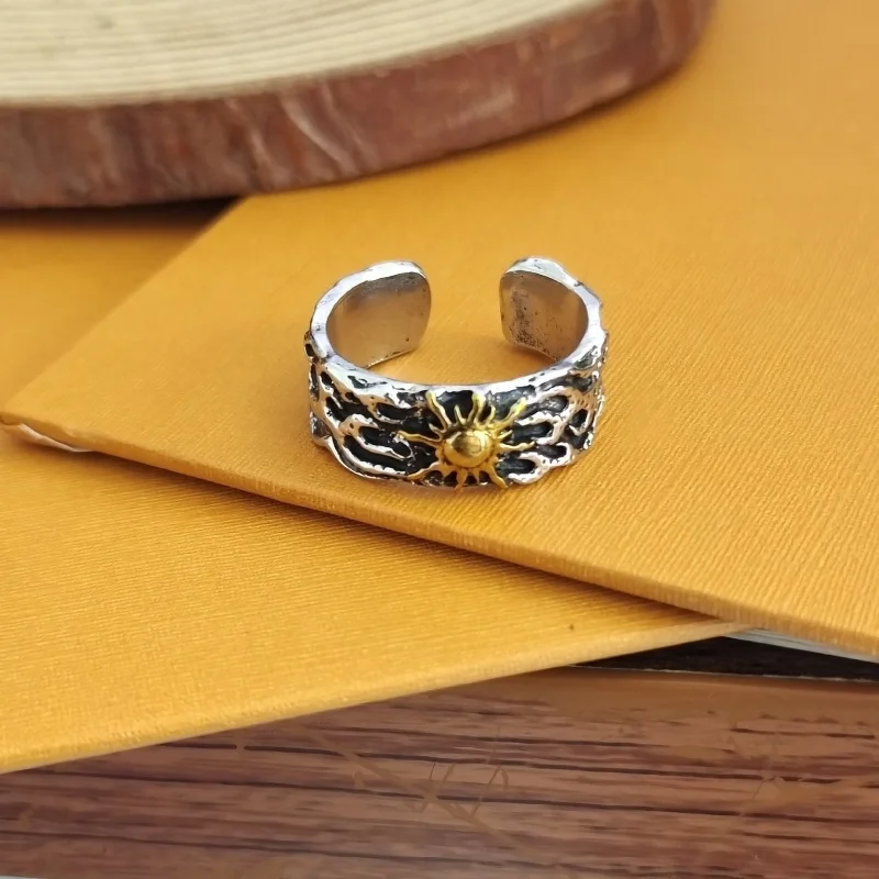 Buyee 925 Sterling Silver Male Ring Finger Elegant Golden Sun Open Ring for Man Fashion Unique Fine Jewelry Circle