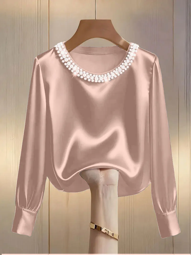 Spring and Summer French High-End Pearl Round Neck Satin Shirt Top