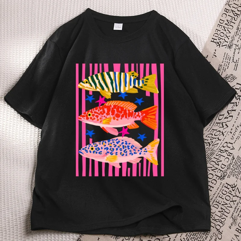 Preppy Fish Printed Tshirt Female Fishing T Shirt Summer Vacation Funny Beach T-shirt Casual Cotton Round Neck Woman Clothes