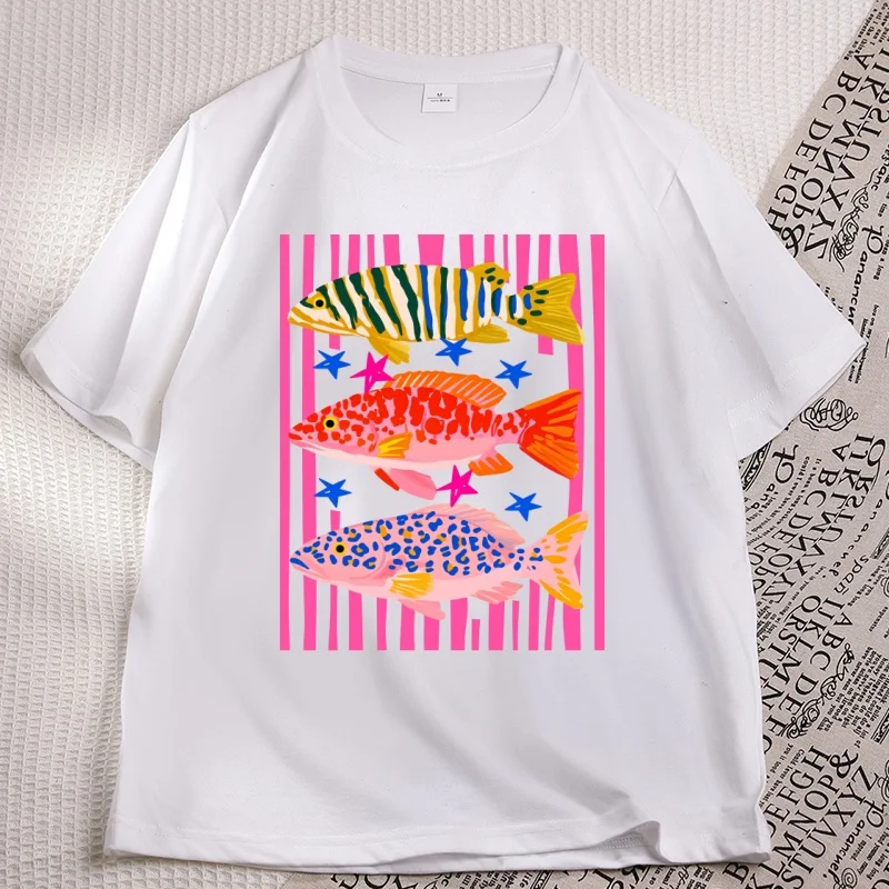 Preppy Fish Printed Tshirt Female Fishing T Shirt Summer Vacation Funny Beach T-shirt Casual Cotton Round Neck Woman Clothes