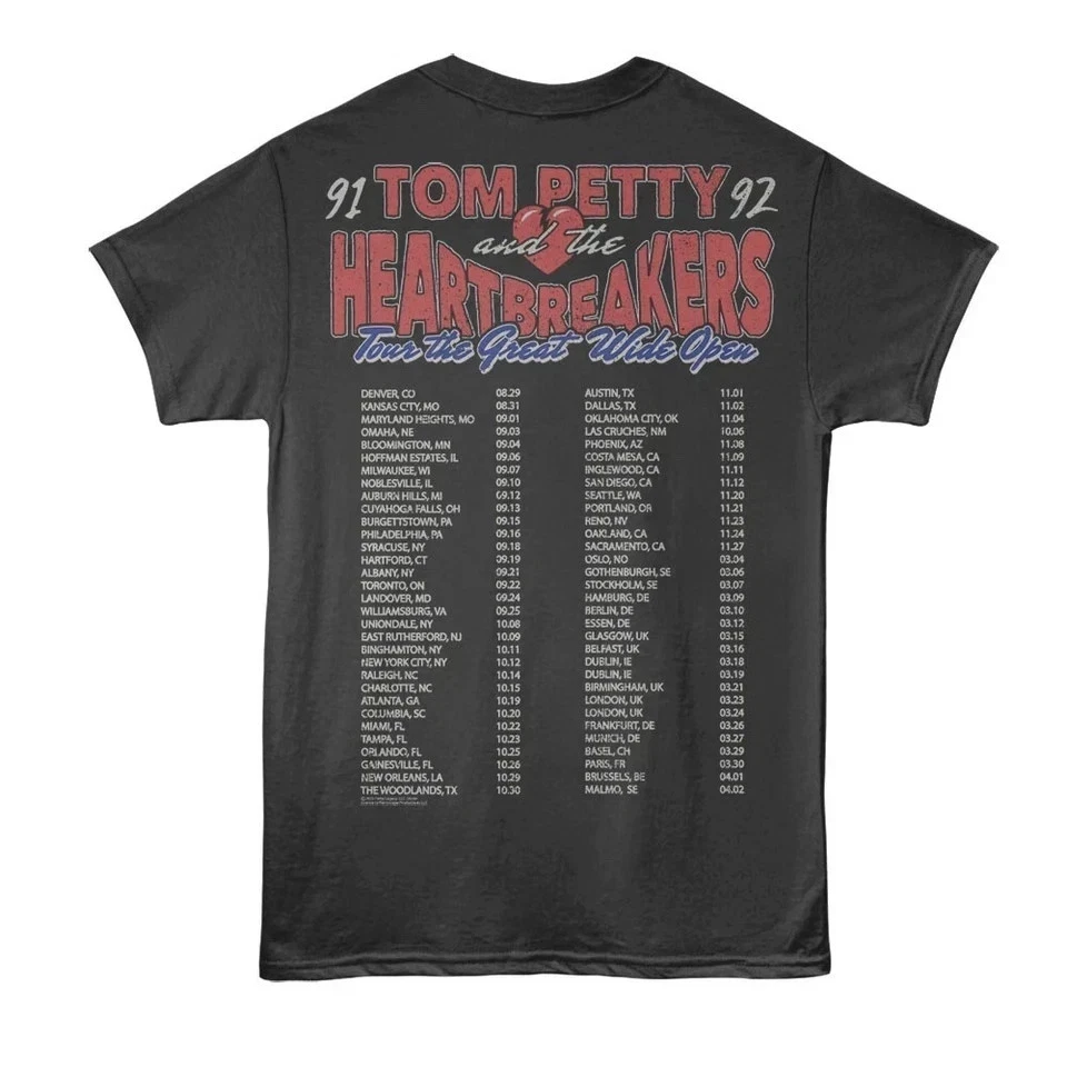 Tom Petty and The Band Heartbreak 91-92 Great Wide Open Tour T-shirts, Daily Outdoor Retro T-shirts Fan Printed Casual T-shirts