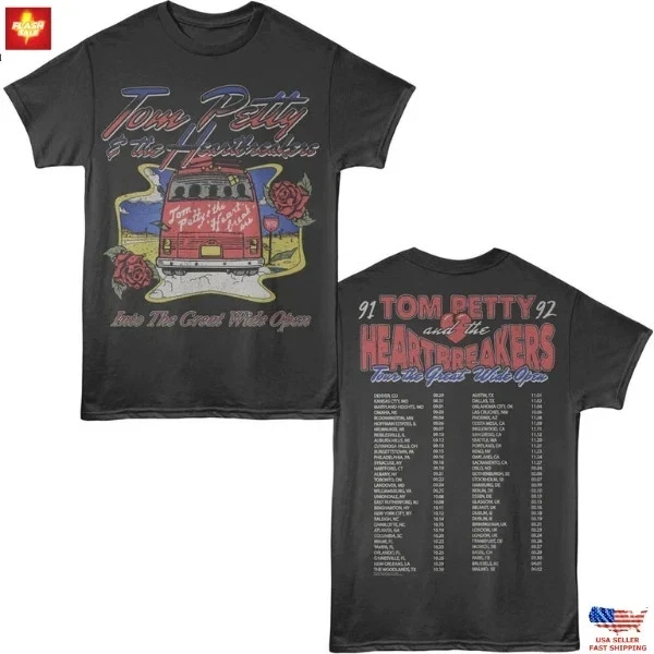 Tom Petty and The Band Heartbreak 91-92 Great Wide Open Tour T-shirts, Daily Outdoor Retro T-shirts Fan Printed Casual T-shirts
