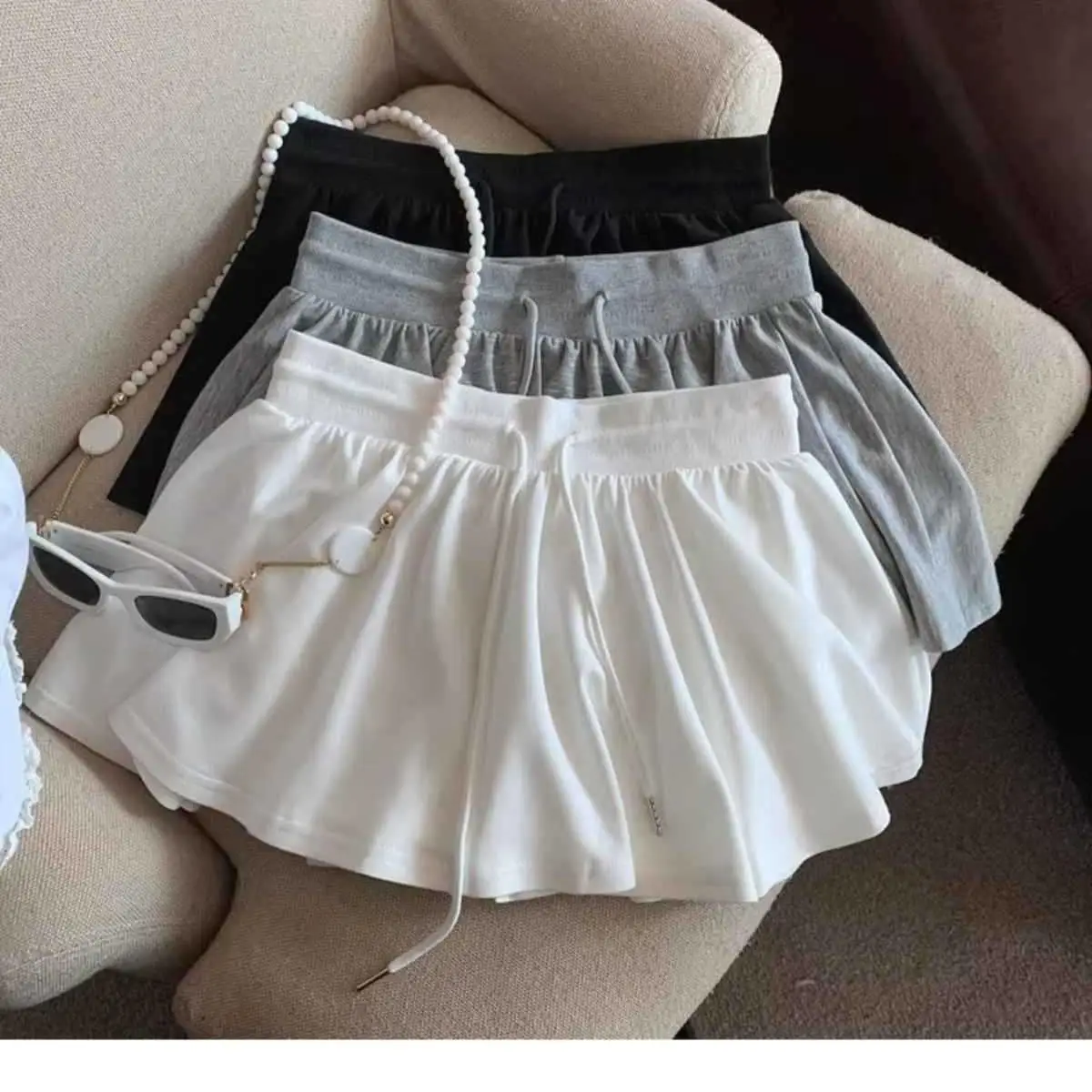 2025 Summer Women Ballet Drawstring High Waist A Line Skort Anti Exposure Slim Fit Casual All Match Fashion Streetwear Skorts