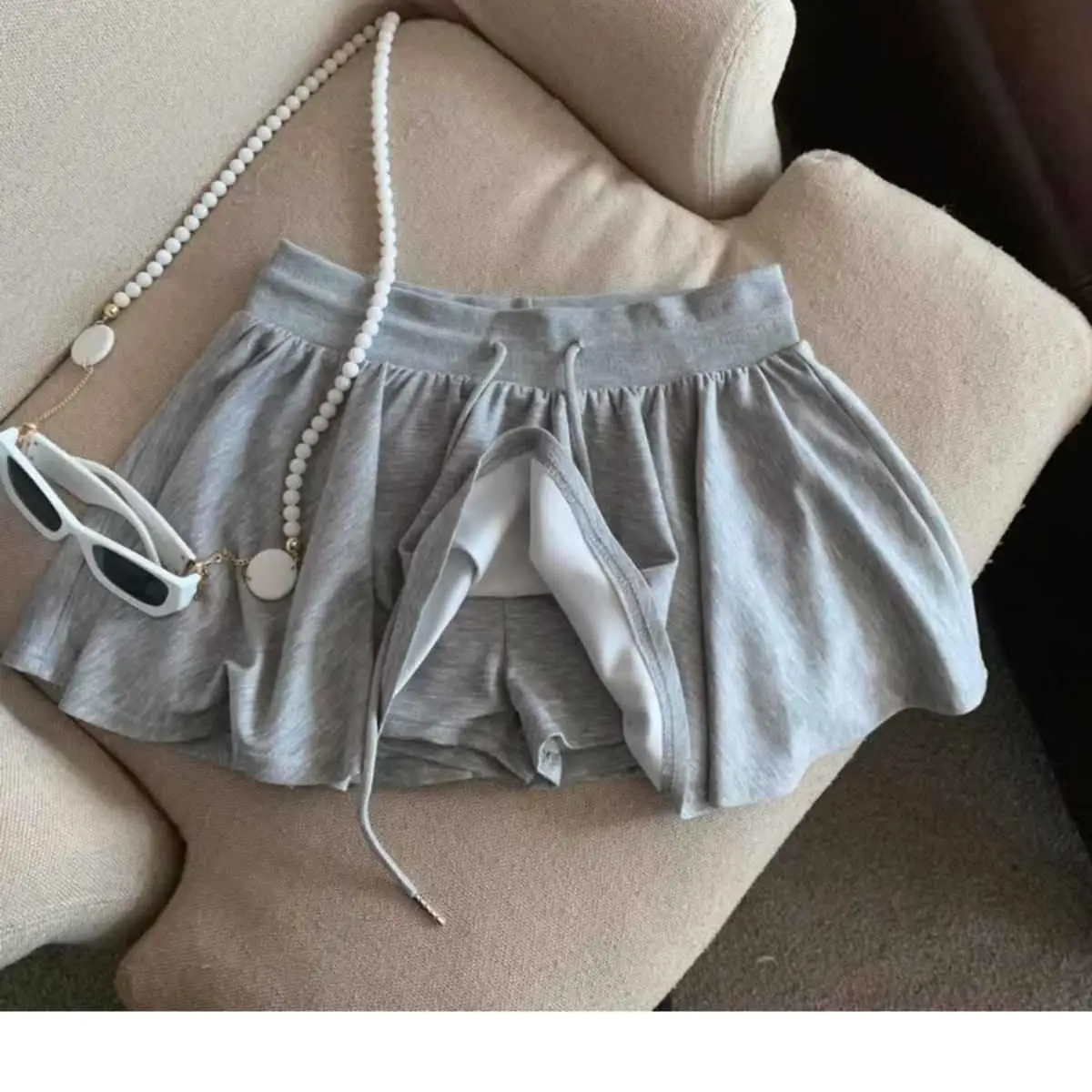 2025 Summer Women Ballet Drawstring High Waist A Line Skort Anti Exposure Slim Fit Casual All Match Fashion Streetwear Skorts