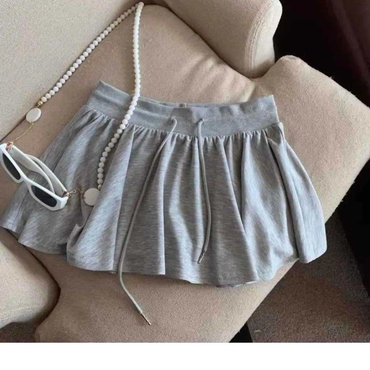 2025 Summer Women Ballet Drawstring High Waist A Line Skort Anti Exposure Slim Fit Casual All Match Fashion Streetwear Skorts