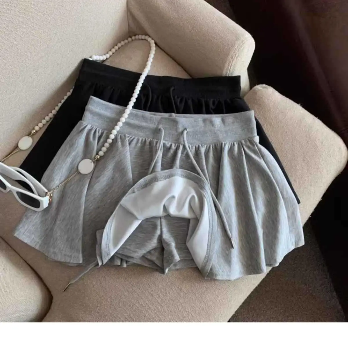 2025 Summer Women Ballet Drawstring High Waist A Line Skort Anti Exposure Slim Fit Casual All Match Fashion Streetwear Skorts