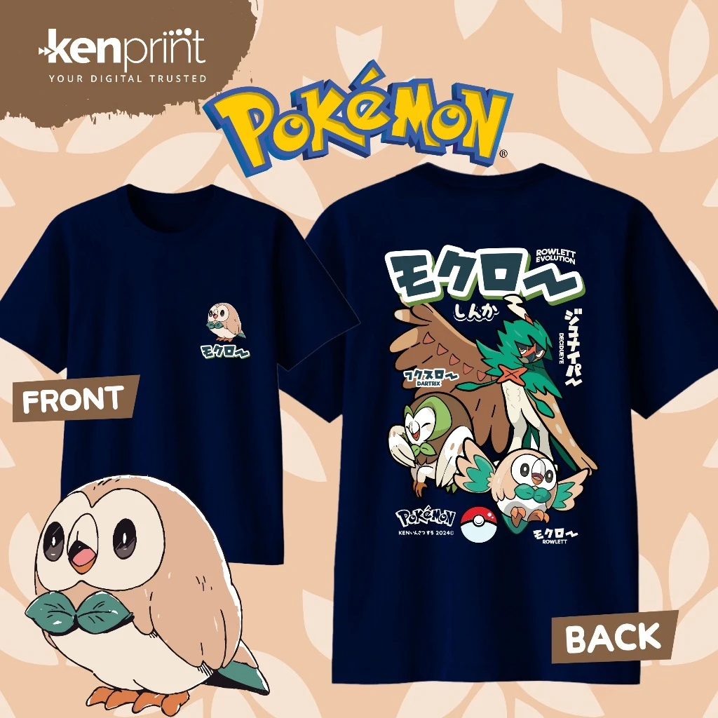 Bandai Pokémon Cartoon Rowlet Evolution 100% Cotton T-shirt Summer New Men/Women Fashionable Casual Harajuku Short Sleeved Top