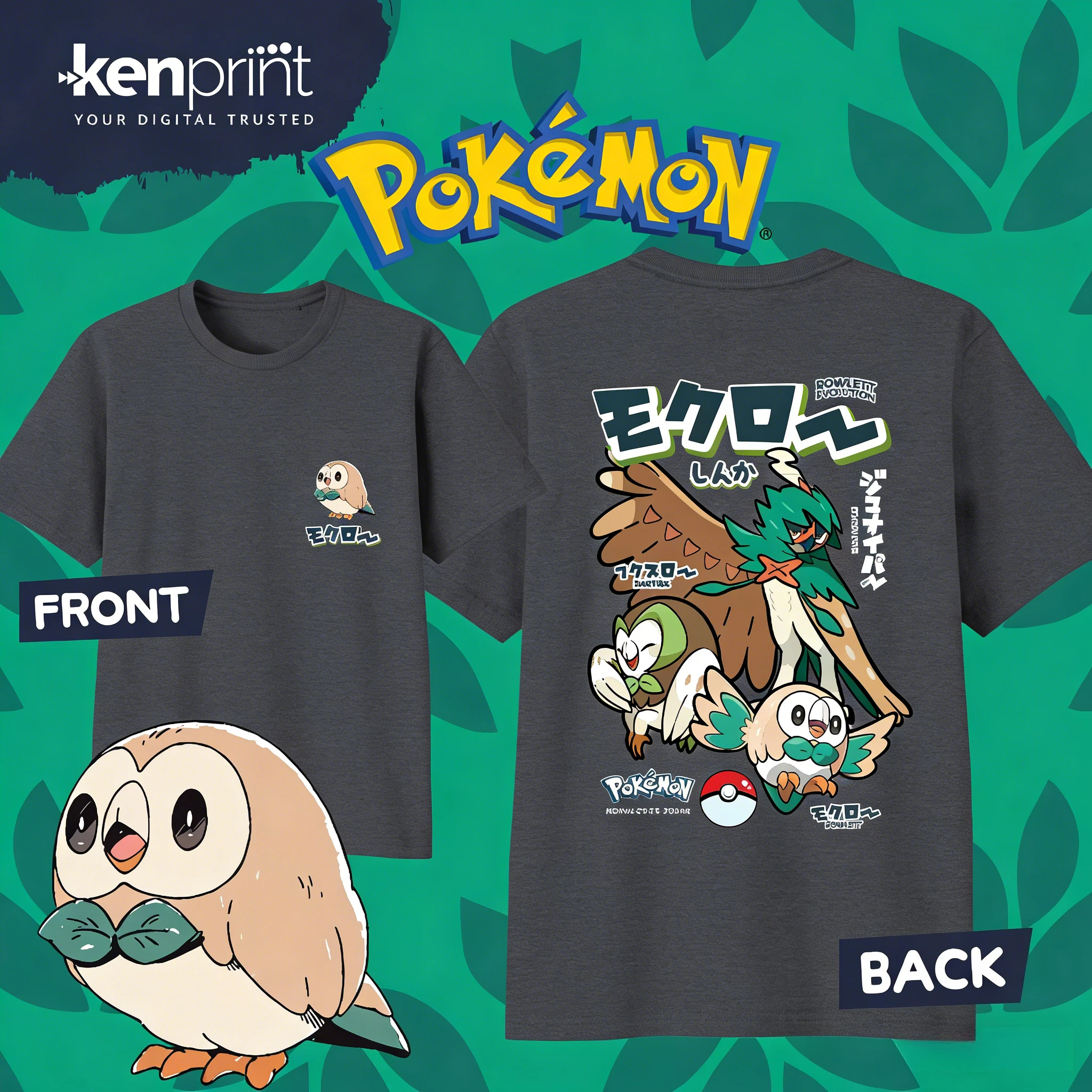 Bandai Pokémon Cartoon Rowlet Evolution 100% Cotton T-shirt Summer New Men/Women Fashionable Casual Harajuku Short Sleeved Top