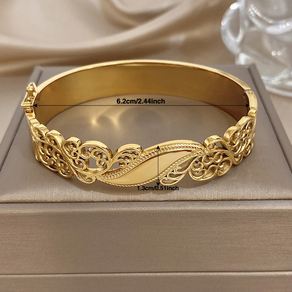Vintage Gold Plated Stainless Steel Cuff Bangle Exquisite Hollow Flower Textured Smooth Leaves Wide Bracelets Waterproof Jewelry