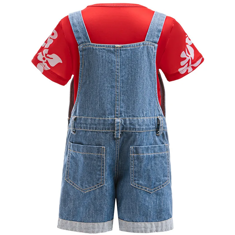 Summer Hawaii Girl Halloween Costume Lilo Print T-Shirt+Overalls 2Pcs Sets For Children Birthday Party Family Cosplay Costume