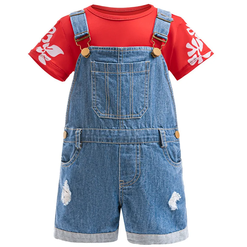 Summer Hawaii Girl Halloween Costume Lilo Print T-Shirt+Overalls 2Pcs Sets For Children Birthday Party Family Cosplay Costume