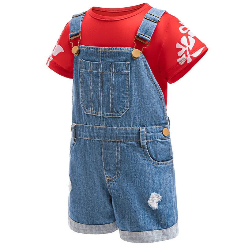 Summer Hawaii Girl Halloween Costume Lilo Print T-Shirt+Overalls 2Pcs Sets For Children Birthday Party Family Cosplay Costume