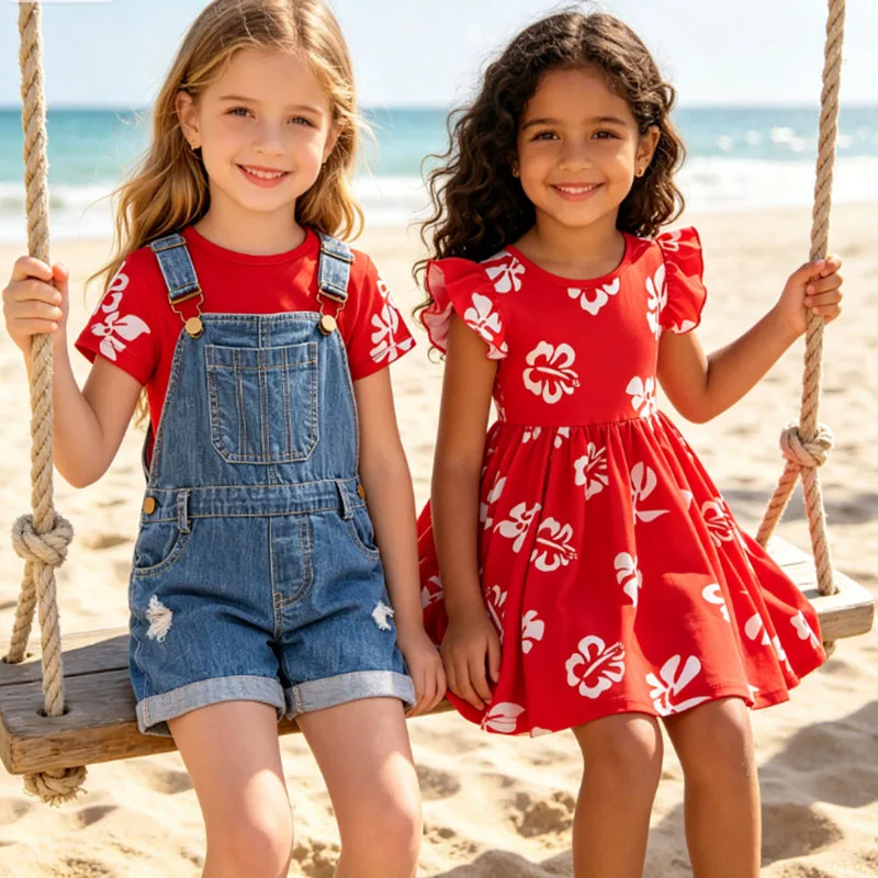 Summer Hawaii Girl Halloween Costume Lilo Print T-Shirt+Overalls 2Pcs Sets For Children Birthday Party Family Cosplay Costume