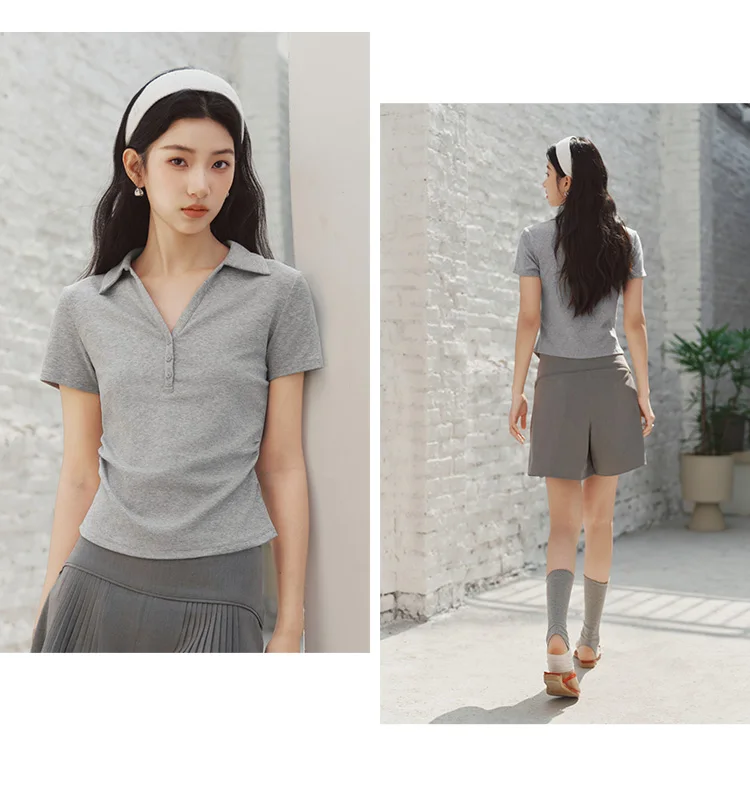 Semir Women Polo Shirt Short Length Ruched Slim Fit Standard Shoulder Cool Feeling 2026 Summer Temperament Versatile Fashion Top