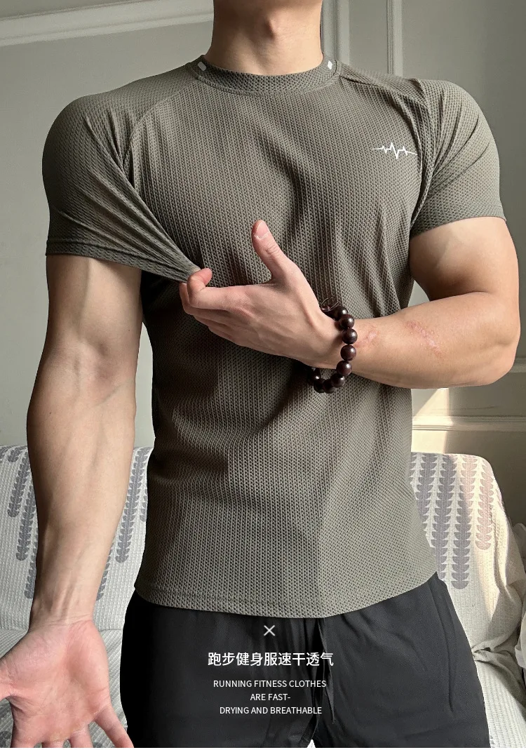 Men's Muscle Fit Short Sleeve T Shirt Waffle Fabric Round Neck Slim Fit Breathable Lightweight Workout Gym Casual Daily Sports T
