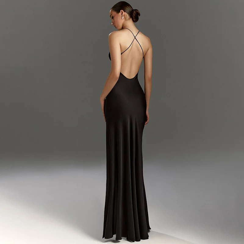 New 2026 Summer Women Sexy Slim Fit Solid Color Backless Long Slip Elegant Sleeveless Hot Girl Party Evening Birthday Dresses
