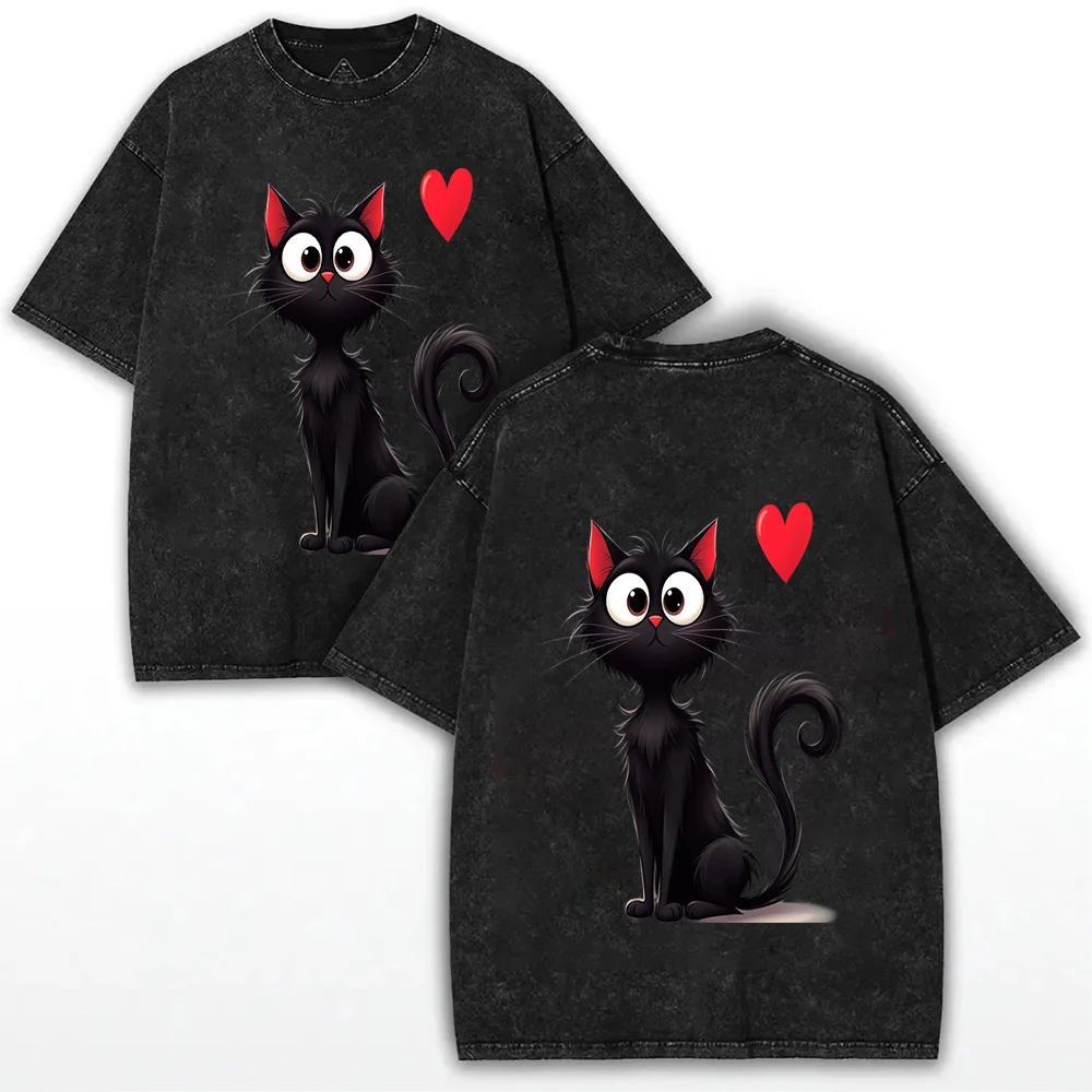 Black Cat Art Printed T-shirt Fun Pattern T-shirt Fashion Summer Loose Short Sleeve T-shirt Harajuku Women's Tops