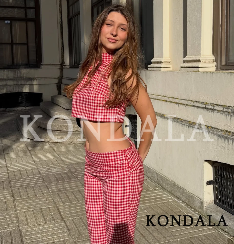 KONDALA Trendy Street Plaid Vest Set Women Chic Tank Top, Slim Capris Pants 2026 Spring Summer Fashion Holiday Casual Pants Set