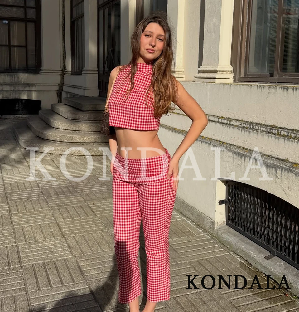 KONDALA Trendy Street Plaid Vest Set Women Chic Tank Top, Slim Capris Pants 2026 Spring Summer Fashion Holiday Casual Pants Set