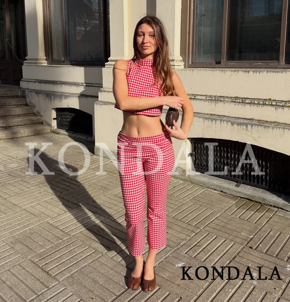 KONDALA Trendy Street Plaid Vest Set Women Chic Tank Top, Slim Capris Pants 2026 Spring Summer Fashion Holiday Casual Pants Set