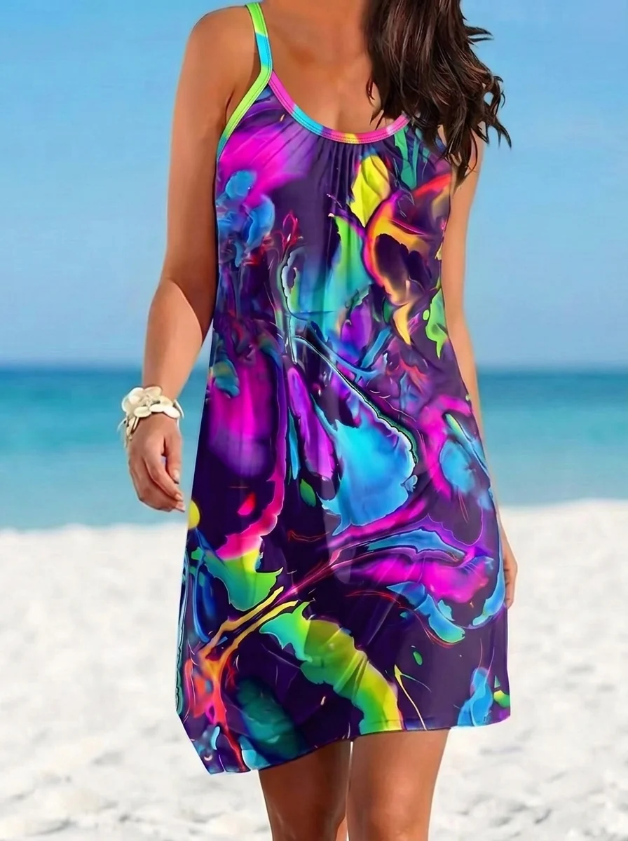 2026 Viral Summer Plus Size Tie Dye Beach Cover Up Dress Oversized Spaghetti Strap Colorful Abstract Print Flowy Sundress for Wo