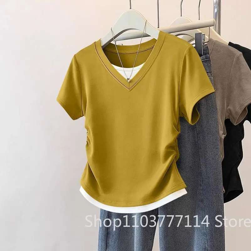 Women Summer Short Sleeved Top for Fashion Versatile Base Shirt Slim Fit Fake Two T-shirts Casual and Sexy Breathable and Cool
